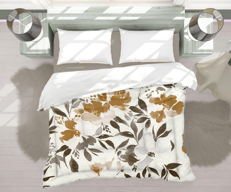 Ochre Watercolor Floral Comforter: Cinnamon Orange Botanical Bedding
