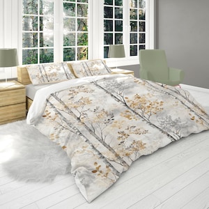 Light Brown and Silver Gray Tree Duvet Cover, Twin Queen King Size, Woodland, Farmhouse Bedding, Autumn Floral Scandinavian Forest #169