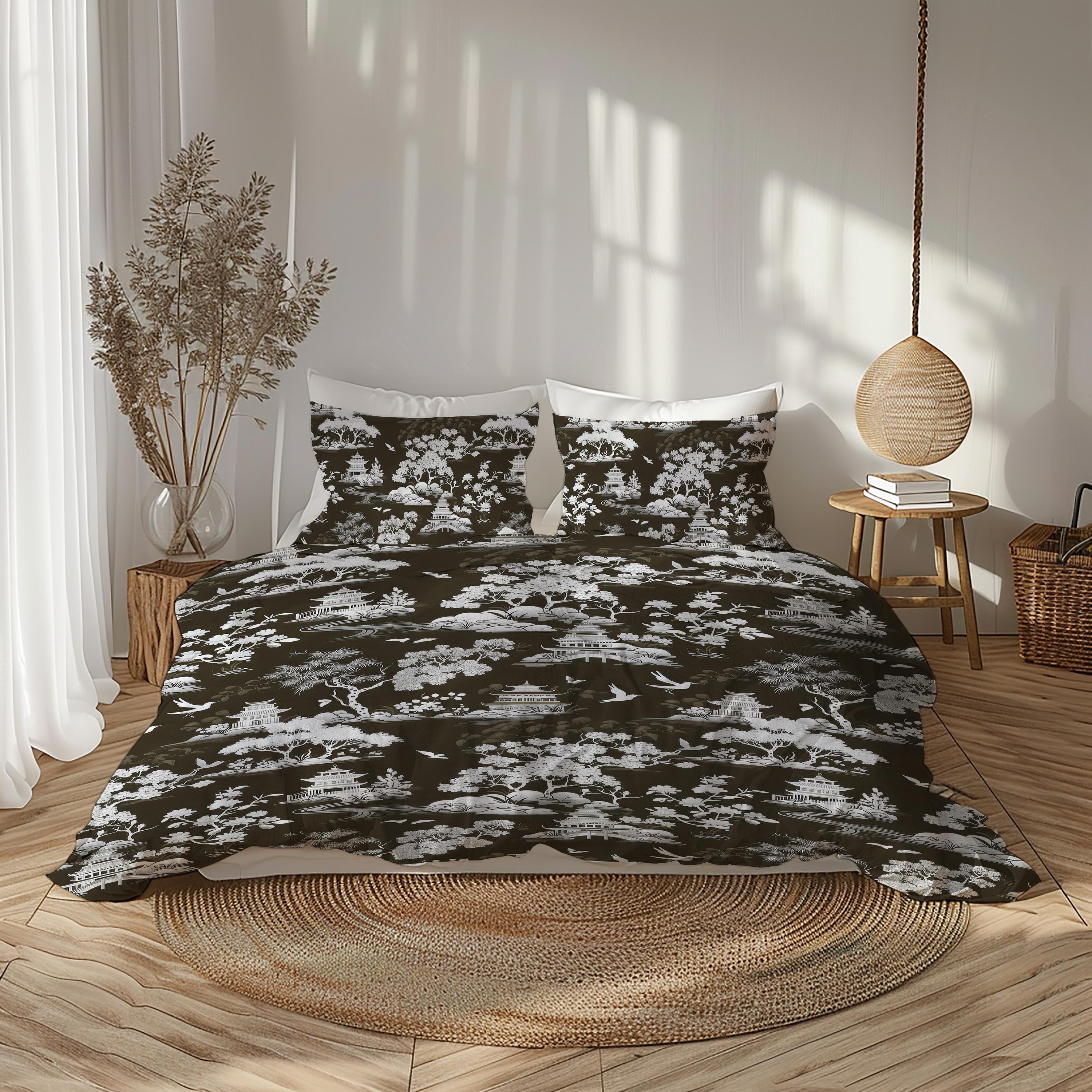 Dark Brown Chinoiserie Duvet Cover, Maximalist Bedding, Oriental Moody
