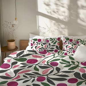 Bright Fruity Garden Duvet Cover, Spring Botanical Bedding Set, Farmhouse Cottage Home Décor, Twin Queen King, Purple Plum Pink Green #189
