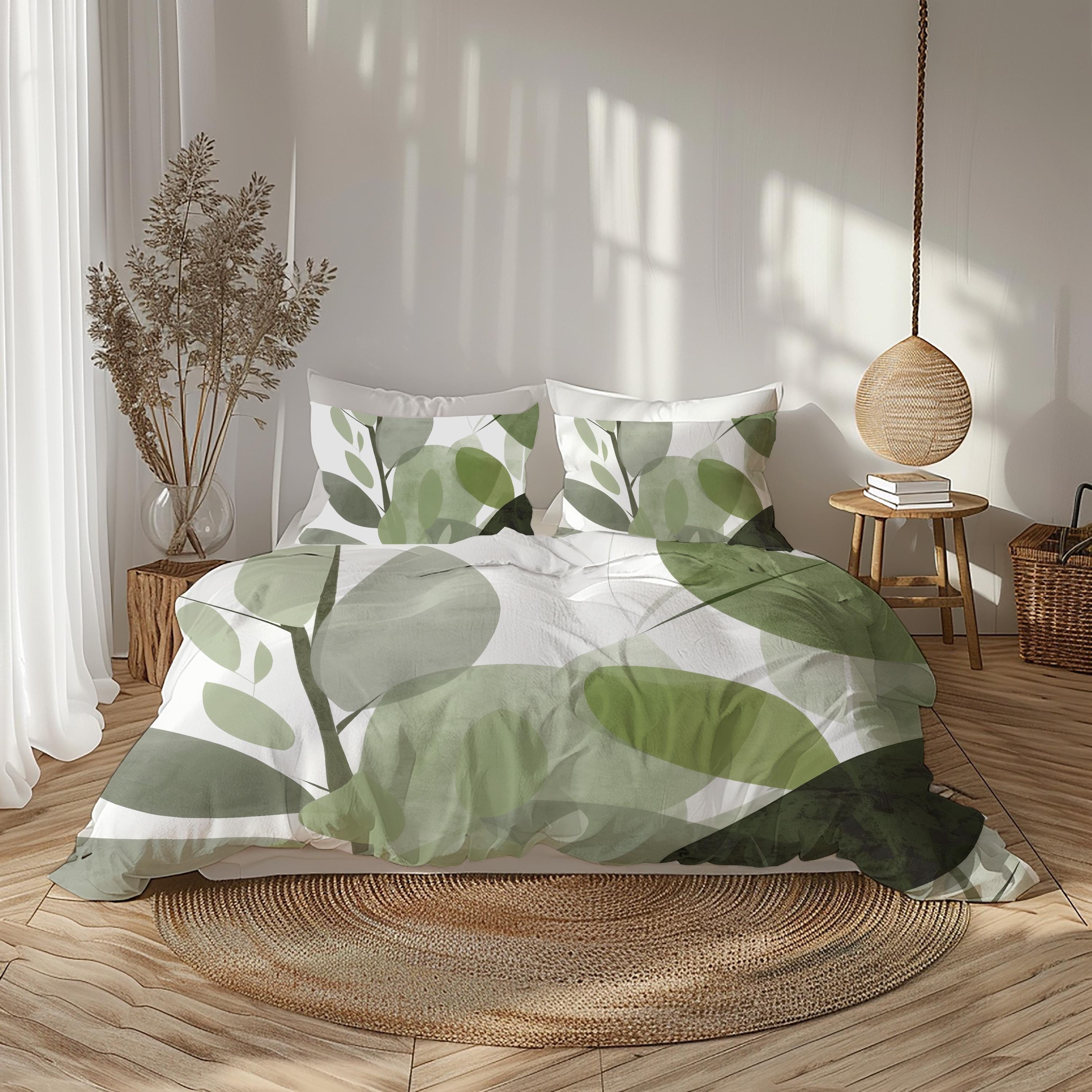 Dekbedovertrek aardetinten abstracte bladeren, artistiek boho natuur beddengoed, minimalistisch monochroom botanisch beddengoed, olijf-salie groen op wit #135