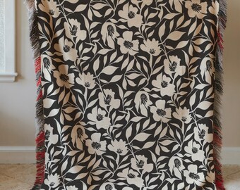 Zwart-witte bloemen geweven deken, geweven wandtapijt wanddecoratie, housewarmingcadeau, katoenen deken bank, verjaardagscadeau #164W