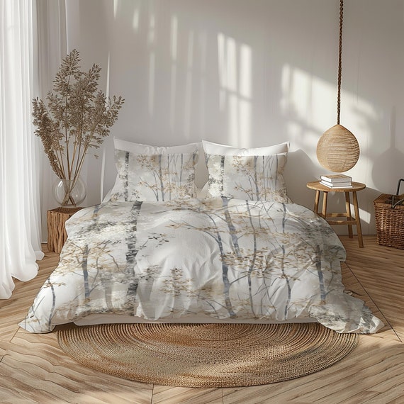 Light Brown and Shimmering Silver Grey Tree Duvet Cover Twin Queen King Size Striped Bedding Woodland Farmhouse Scandinavian Forest 034 Etsy