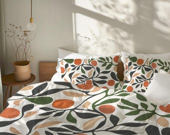 Bright Fruity Garden Duvet Cover, Spring Botanical Bedding, Farmhouse Cottage Home Décor Gift, Twin Queen King, Orange Green Beige #188