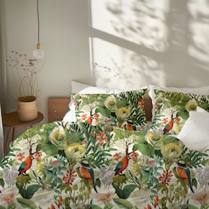 Exotic Colorful Tropical Farmhouse Duvet Cover Set, Twin Queen King, Vintage Botanical Eclectic Bedding Gift for Biophilic Bedroom #025