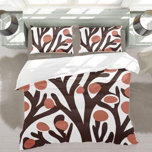 Abstract Geometric Tree Duvet Cover, Mid-Century Modern Contemporary Bedding Set, Artistic Scandinavian Bedroom, Orange Brown On White #144