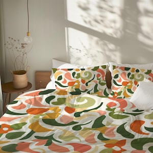 Mid Century Modern Abstract Watercolor Duvet Cover, Geometric Scandinavian Bedding Set, Artistic Boho Duvet, Pink Orange Yellow Green #183