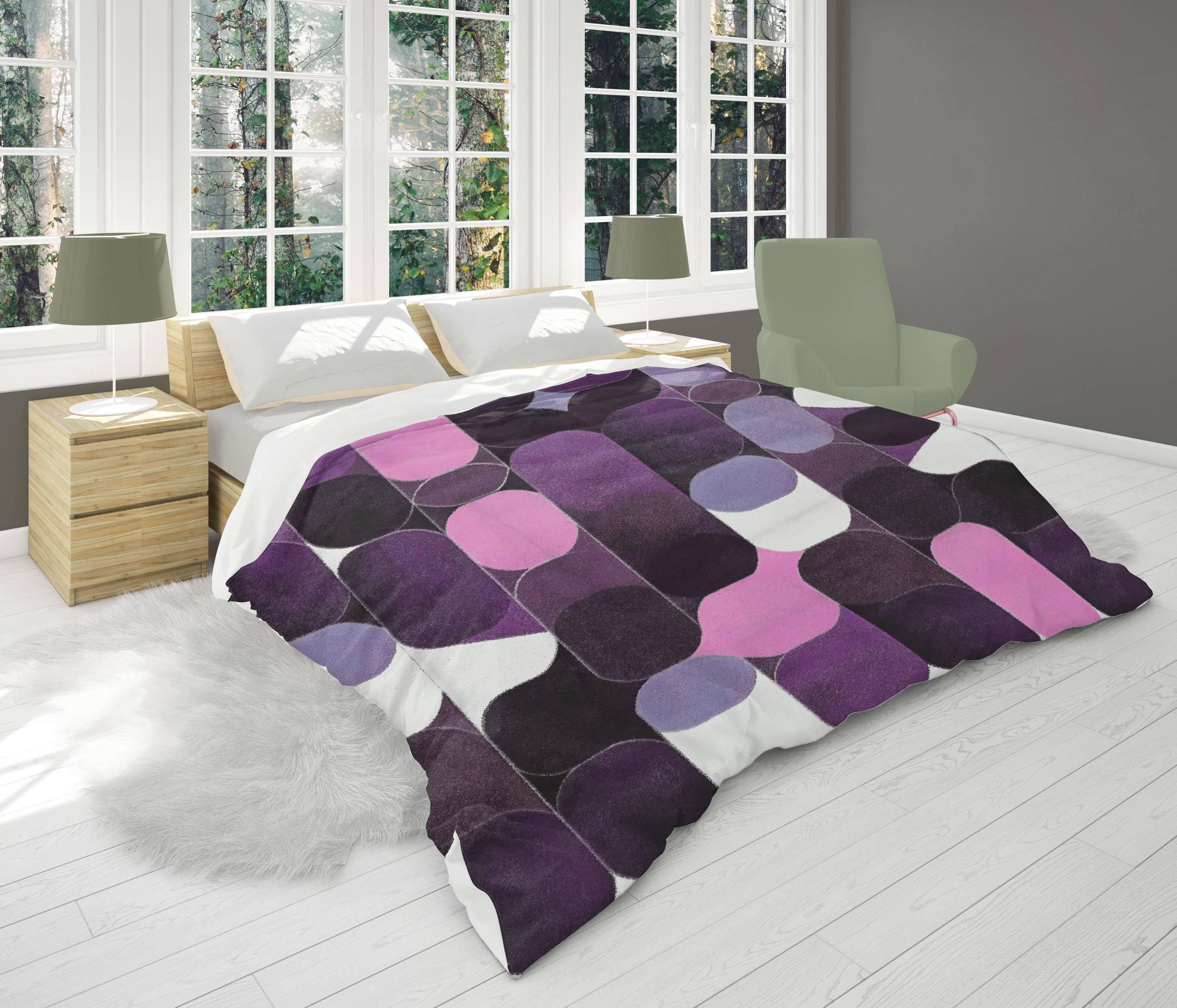 Midcentury Modern Geometric Pattern Comforter, Dark Purple and Pink ...