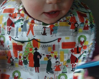 Retro Holiday Shoppers and Santa Chenille Baby Bib