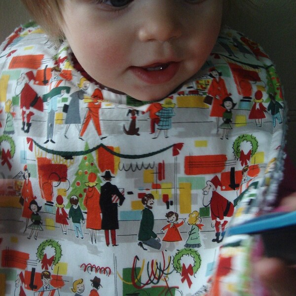 Retro Holiday Shoppers and Santa Chenille Baby Bib