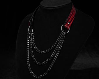 Gothic Red Leather Choker Necklace – Handmade Breathless Collar with Chain, Unisex Day Collar More Color