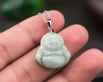 Collar de plata con Buda sonriente de jade, colgante de jadeíta de grado A