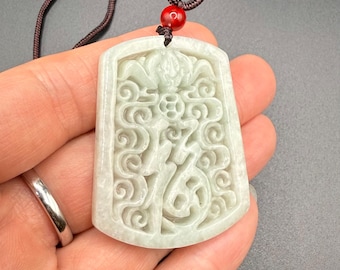 Green Jade Pendant: Chinese Fu Character, Good Fortune Necklace