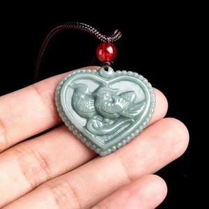 Green Jade Love Pendant Necklace, Heart Shape Jadeite with Love Dove Carving for Woman and Man.