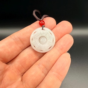 Double Sided, White Jade Bagua Necklace Pendant, Natural Jadeite Yin Yang Ba Gua Charm Gift, Tai Chi Chinese Mirror Jewellery, Taoist.