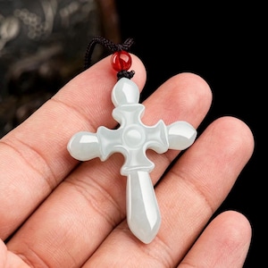 Natural Icy White Jade Cross Pendant, Hand-Carved Christian Necklace, Spiritual Jewellery
