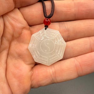 Natural Icy White Jade Bagua Pendant, Yin Yang Tai Chi Necklace, Taoist Protection Jewellery
