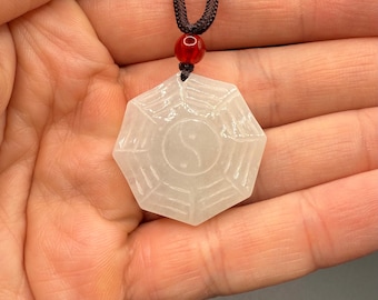 Double Sided White Jade Bagua Necklace Pendant, Real Natural Jadeite Yin Yang Ba Gua Charm Gift, Tai Chi Chinese Mirror Jewellery, Taoist.