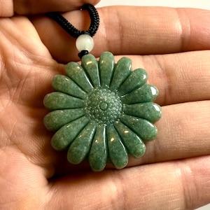 Jade Flower Charm Necklace, Carving Chrysanthemum Pendant, Jadeite Jewellery Gift, Mandala Art Pattern