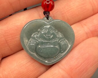 Natural Green Jade Buddha Pendant, Hand-Carved Laughing Buddha Necklace, Good Luck Jewellery