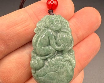 Chinese Zodiac Year of the Monkey Pendant Necklace Jade Jadeite