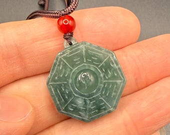 Double Sided Green Yin Yang Jade Pendant, Natural Jadeite Yin Yang Ba Gua Charm, Taoist Jewellery.