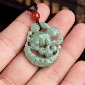 Jade Bunny Chinese Zodiac Rabbit Pendant Necklace, Hare Chinese New Year Gifts, Jadeite Jewelry Gift Men Women