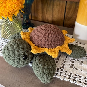 Crocheted Sunflower Turtle Plushie: Soft Blanket Yarn Stuffie