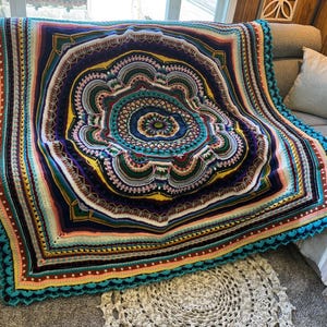 Crocheted Blanket, Boho Chic Queen Afghan, Large Mandala Blanket, Queen Blanket, Boho Chic Decor