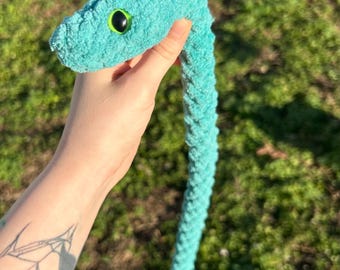 Crochet Baby Snake Plushie - Green Tree Snake With Glow In The Dark Eyes