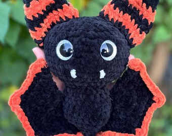 Handmade Crochet Bat Plushie: Black & Orange Stuffed Animal