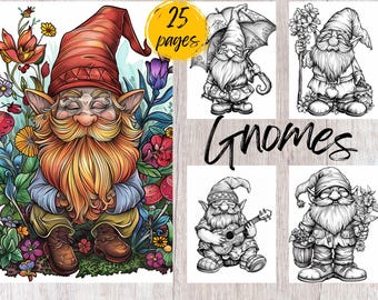25 Gnome Coloring Pages, Printable Coloring Book PDF, Garden Coloring Pages, Kids And Adults Coloring Book, Grayscale Coloring Book