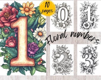 10 Floral Number Coloring Pages, Printable Coloring Book PDF, Flower Coloring Pages, Kids And Adults Coloring Book, Grayscale Coloring Book