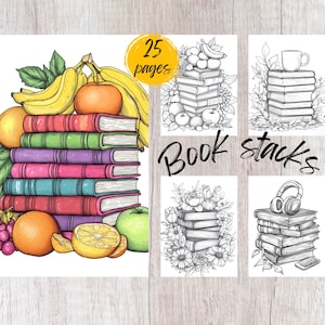 25 Book Stack Coloring Pages, Printable Coloring Book PDF, Library Coloring Pages, Kids And Adults Coloring Book, Grayscale Coloring Book