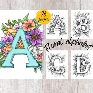 26 páginas para colorear del alfabeto floral, libro para colorear imprimible en PDF, páginas para colorear de flores, libro para colorear para niños y adultos, colorear en escala de grises