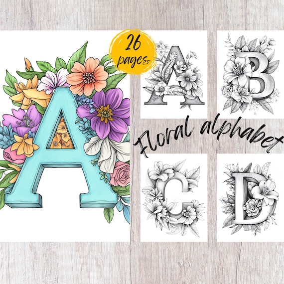 26 Floral Alphabet Coloring Pages, Printable Coloring Book PDF, Flower Coloring PAges, Kids And Adults Coloring Book, Grayscale Coloring