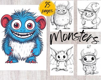25 Cute Monster Coloring Pages, Printable Coloring Book PDF, Fantasy Coloring Pages, Kids And Adults Coloring Book, Halloween Coloring
