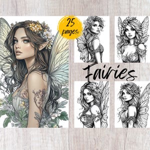 25 Beautiful Fairy Coloring Pages, Printable Coloring Book PDF, Fantasy Coloring Pages, Kids And Adults Coloring Book, Grayscale Coloring
