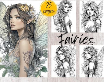 25 Beautiful Fairy Coloring Pages, Printable Coloring Book PDF, Fantasy Coloring Pages, Kids And Adults Coloring Book, Grayscale Coloring