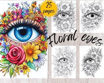 25 Floral Eye Coloring Pages, Printable Coloring Book PDF, Flower Coloring Pages, Kids And Adults Coloring Book, Grayscale Coloring Book