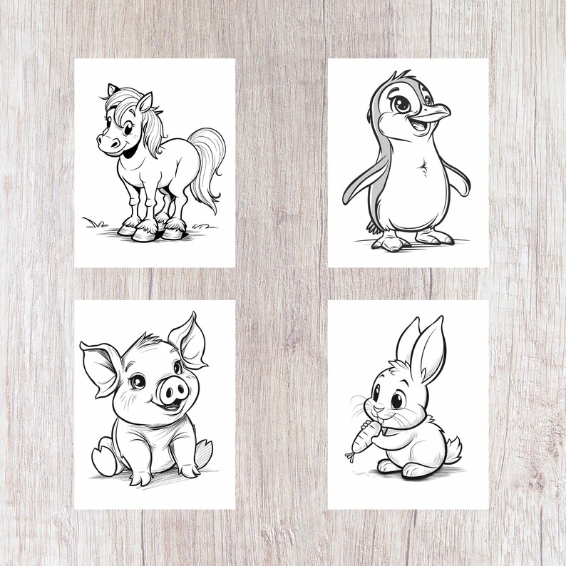 Pu&ograve; includere: Quattro pagine da colorare in bianco e nero con un pony, un pinguino, un maiale e un coniglio. Gli animali sono disegnati in stile cartone animato e guardano lo spettatore.