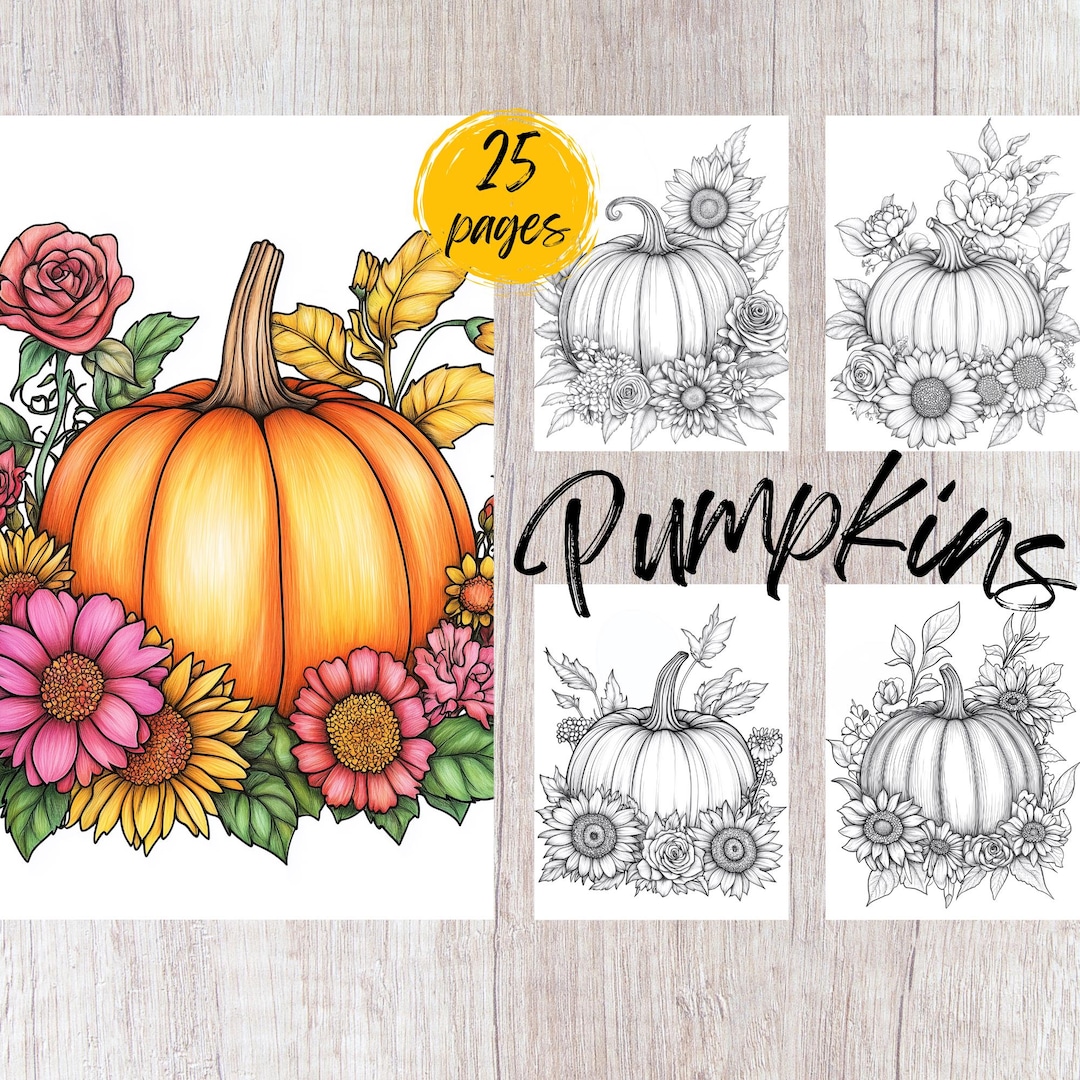 25 Floral Pumpkin Coloring Pages, Printable Coloring Book PDF, Flower ...