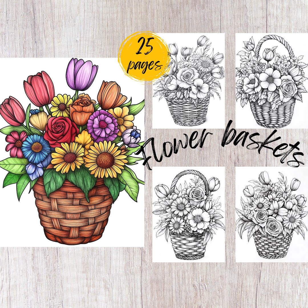 25 Flower Basket Coloring Pages, Printable Coloring Book PDF, Floral ...