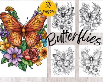 30 pagine da colorare di farfalle, libro da colorare stampabile in PDF, pagine da colorare di fiori, libro da colorare per bambini e adulti, libro da colorare in scala di grigi