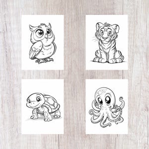 Pu&ograve; includere: Un set di quattro pagine da colorare in bianco e nero con un gufo carino, un cucciolo di tigre, una tartaruga e un polpo. Ogni animale &egrave; disegnato in uno stile cartone animato con occhi grandi e un'espressione amichevole.