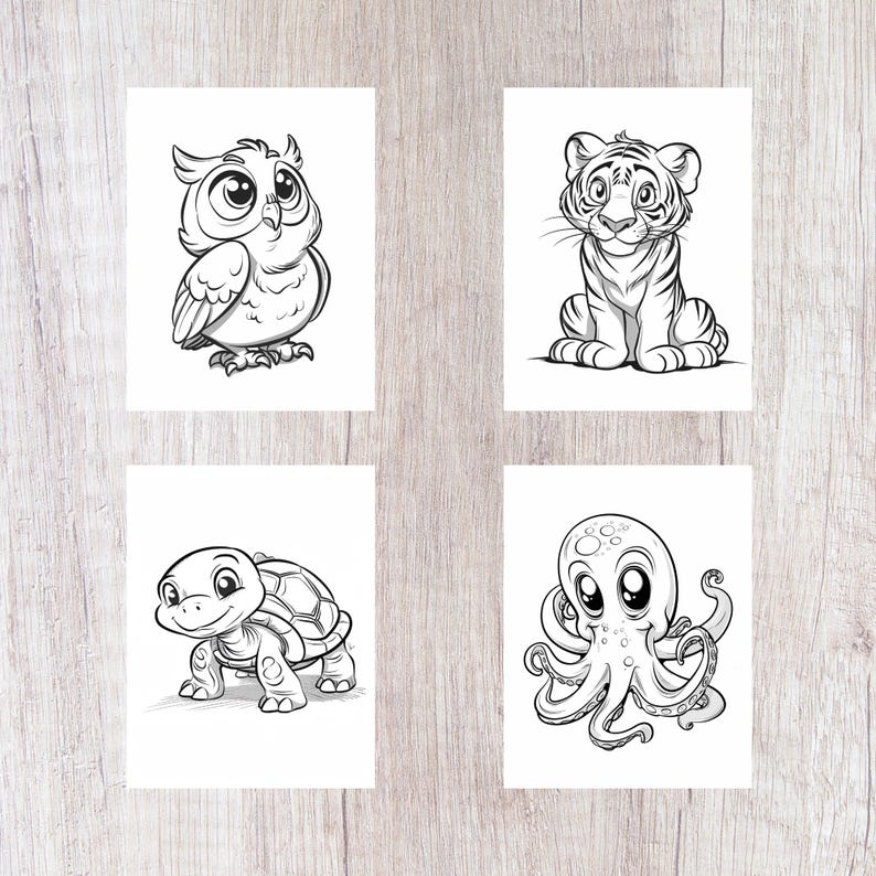 Pu&ograve; includere: Un set di quattro pagine da colorare in bianco e nero con un gufo carino, un cucciolo di tigre, una tartaruga e un polpo. Ogni animale &egrave; disegnato in uno stile cartone animato con occhi grandi e un'espressione amichevole.