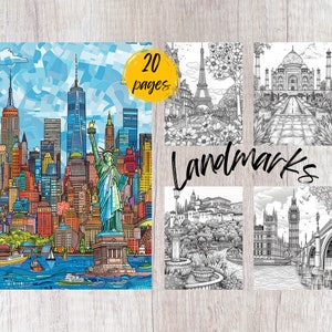 20 Landmark Coloring Pages, Printable Coloring Book PDF, Travel Coloring Pages, Kids And Adults Coloring Book
