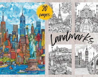 20 pagine da colorare di punti di riferimento, libro da colorare stampabile PDF, pagine da colorare di viaggio, libro da colorare per bambini e adulti