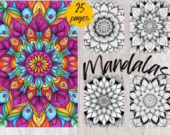 Puede incluir: Un diseño de mandala colorido con 25 páginas de mandalas en blanco y negro para colorear. Los mandalas son intrincados y detallados, perfectos para la relajación y el alivio del estrés.
