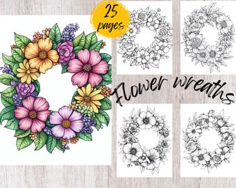 25 Flower Wreath Coloring Pages, Printable Coloring Book PDF, Floral Coloring Pages, Kids And Adults Coloring Book, Grayscale Coloring Book